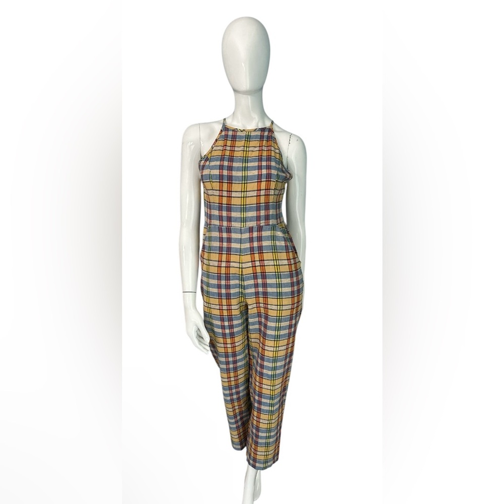 Hattie High-Neck Linen Jumpsuit Size 4 Yellow & Blue